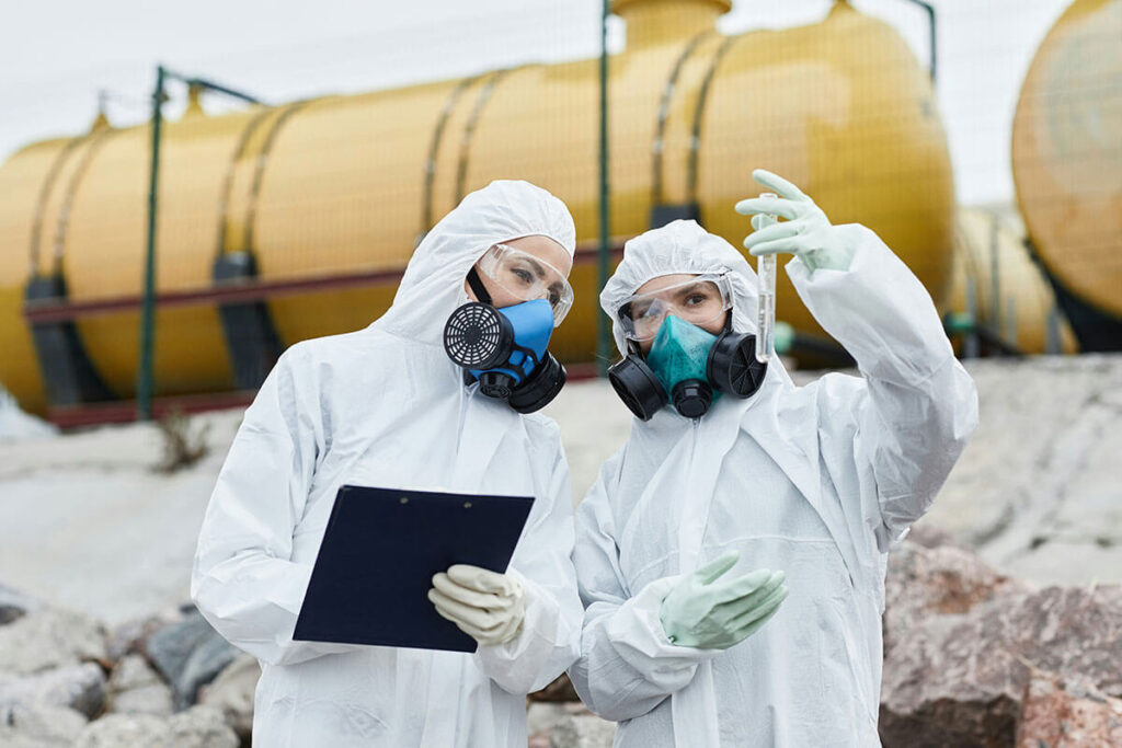 Two women with masks on looking at a file of liquid.